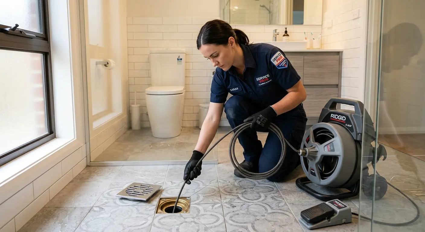 Technician clearing a bathroom floor drain for Hydro Jetting in Park City